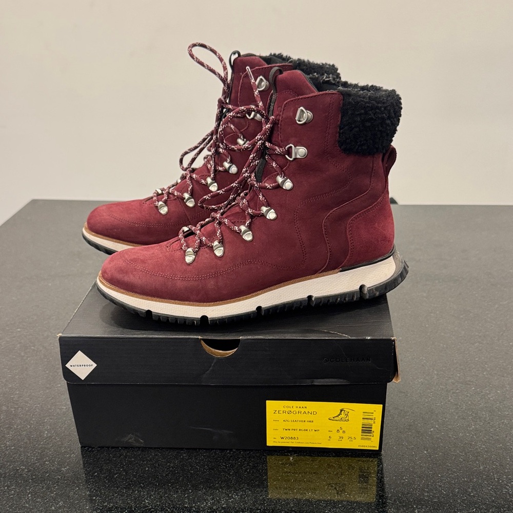 Cole Haan Zerogrand Women's Hiking Boots with shearling trim in Wine Color